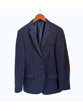 J.Crew Mens Wool Blend Navy Blazer With Brown Elbow Patches Size 40R Two-Button